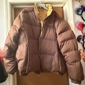 Sean John Brown Reversible Puffer Jacket with Yellow Trim